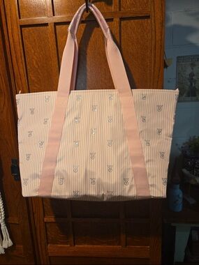 PINK Victoria's Secret Light Pink Striped Tote with Logo Accent